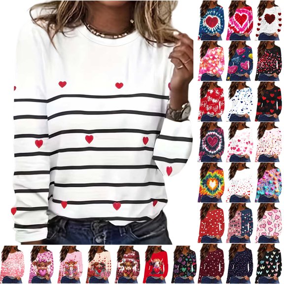 JTZGDY Plus Size Womens Valentines Day Sweatshirts Lightweight Cute Heart Pattern Print Long Sleeve Crewneck Pullover Tops Loose Fit Cozy Graphic Holiday Outfit Tees Shirt Hot Pink#03 XXXXXL