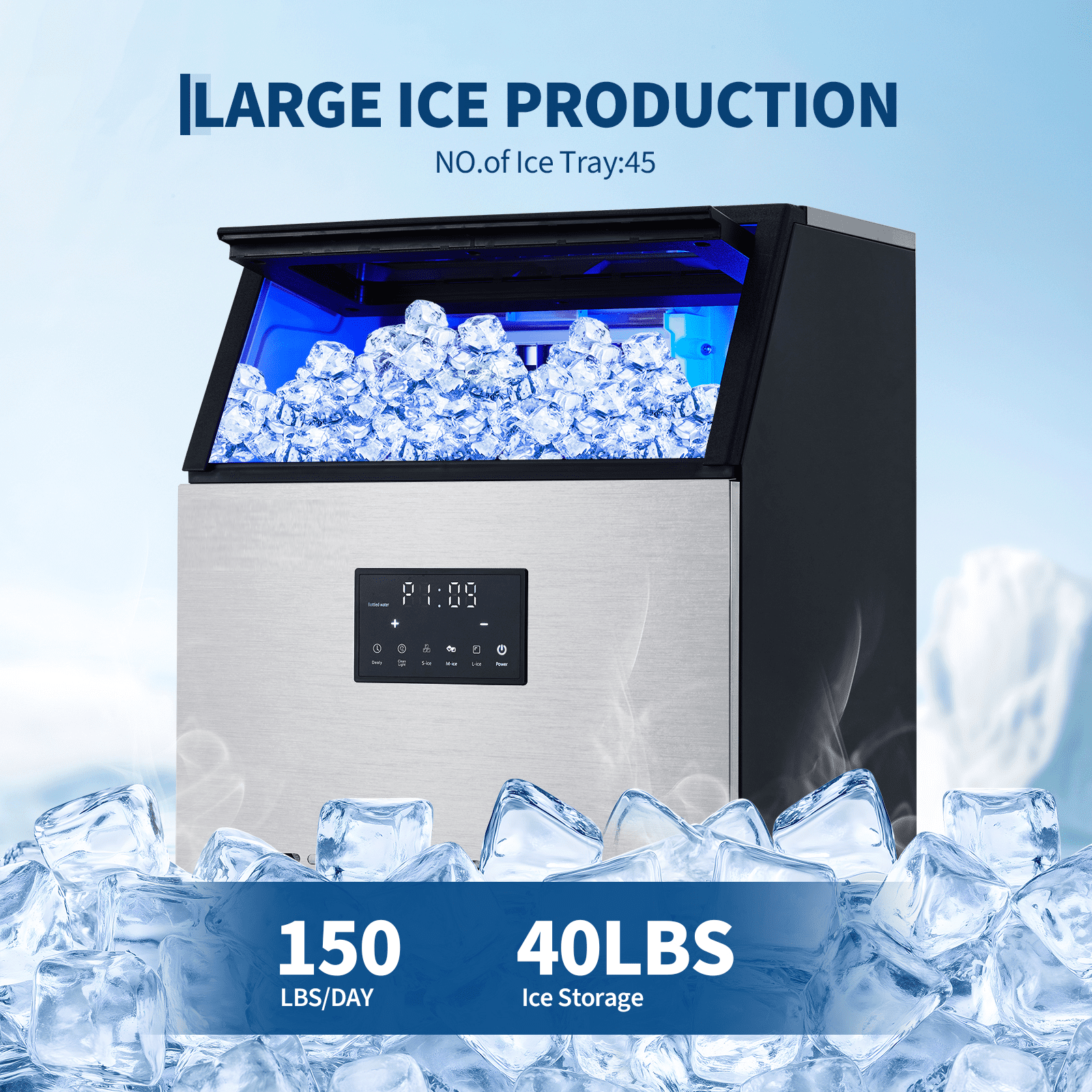 Commercial Ice Maker Machine 150 LBS/24H, Stainless Steel Under Counter Freestanding Ice Machine with 33 LBS Storage Bin, Dual Water Inlet,10-15 Mins Fast Ice, Self-Cleaning