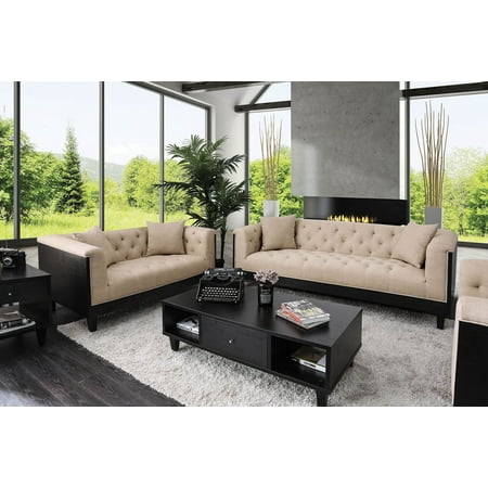 Hollywood Sofa Sabadell Transitional Style Sofa Set in Wood Style Side Panels in Beige Linen-Like Fabric ()