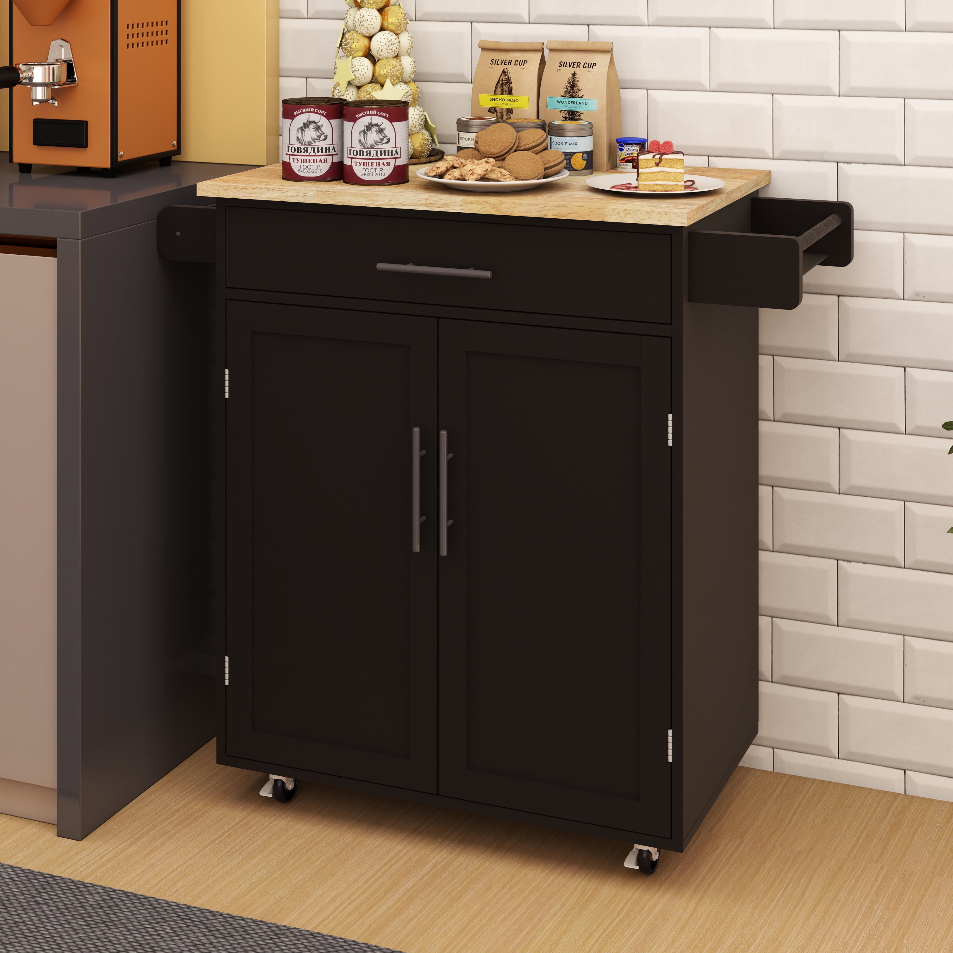Kitchen Cart Rolling Kitchen Island with 1 Drawer, 2 Doors, Adjustable Shelves, Towel Rack and Seasoning Rack, Versatile Black Kitchen Island for Storage & Home Decor