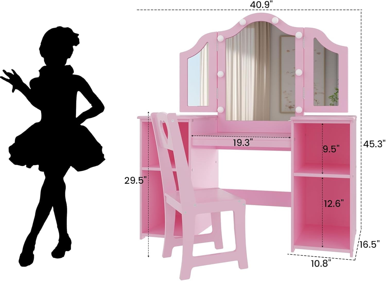TROPOW Vanity Desk,Makeup Vanity,with Mirror and Lights,2-in-1 Kids Vanity Set with Mirror Wooden Toddler Vanity Set,Top Princess Pretend Play Beauty Makeup Vanity Table and Chair Set for Girls