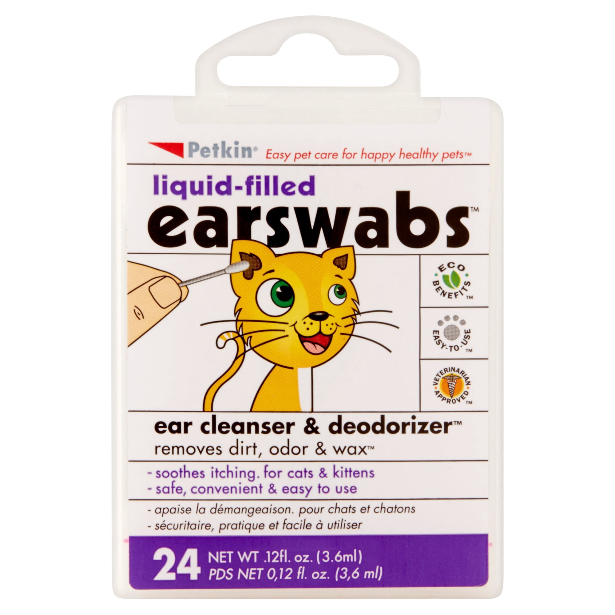 Petkin Liquid-Filled Ear Swabs for Cats. Pet Ear Care for Use on Cats. Safe and Effective Cleanser.