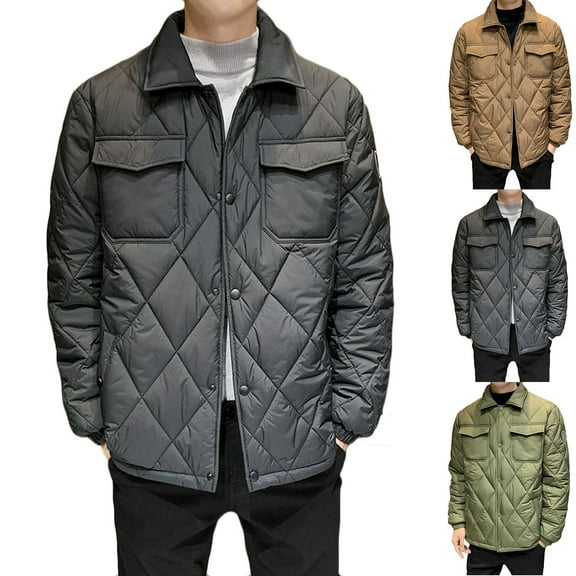 Lovskoo 2024 Mens Winter Coats Quilted Jacket Long Sleeve Casual Slim Short Button Warm Cotton Padded Jacket Lapel Collar Coat Olive Green