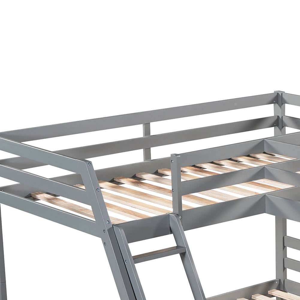 Kadyn Triple Bed Twin-Over-Twin-Over-Full Bed L Shaped Bunk Bed with Built-in Desk, Gray