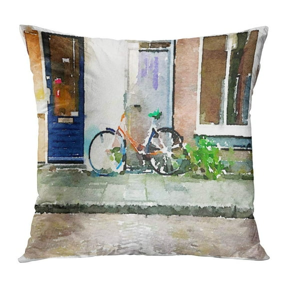 BOSDECO Blue Digital Watercolor Painting of Dutch Bicycle Orange Leaning Agains The Door Space Colorful Bike City PillowCase Pillow Cover 20x20 inch