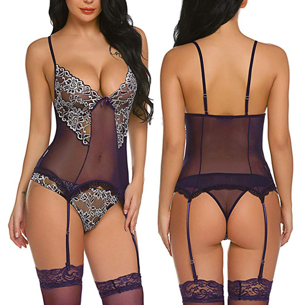 Sexy Women Embroidery Lace Bodysuit Sexy Lingerie With Garter Jumpsuit Underwear