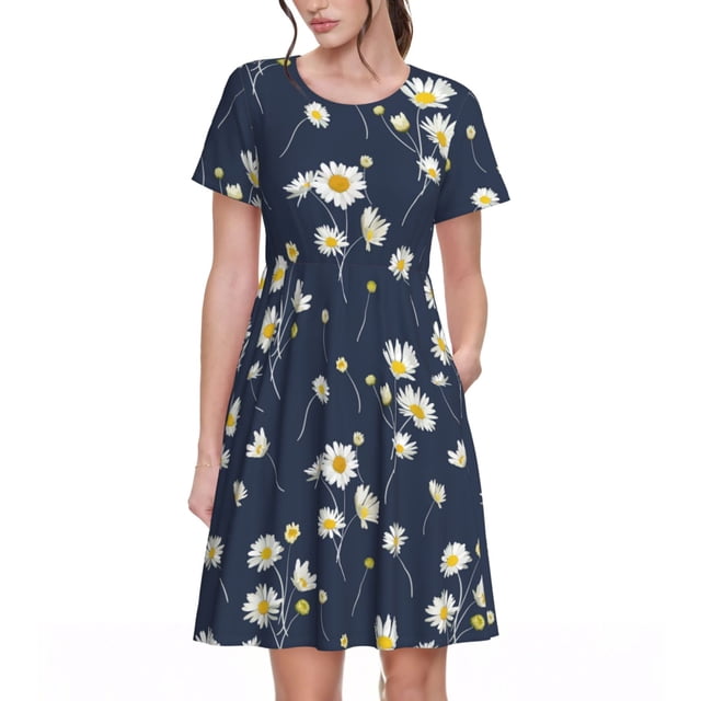 Easygdp Daisies Flowers para Vestido Transpirable de Mujer, Vestido Suelto de Manga Corta con Pliegues y Bolsillos para el Verano