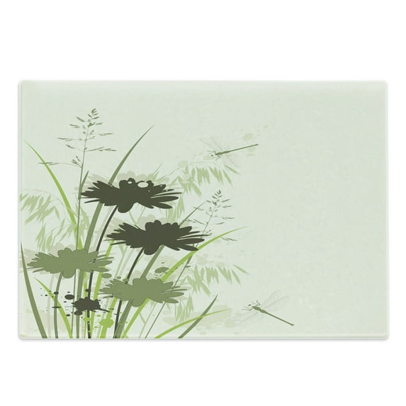 Dragonfly Cutting Board, Lake Flowers Leaves on Abstract Backdrop Bird Like Bugs, Decorative Tempered Glass Cutting and Serving Board, Large Size, Pale Green Dark Green, by Ambesonne
