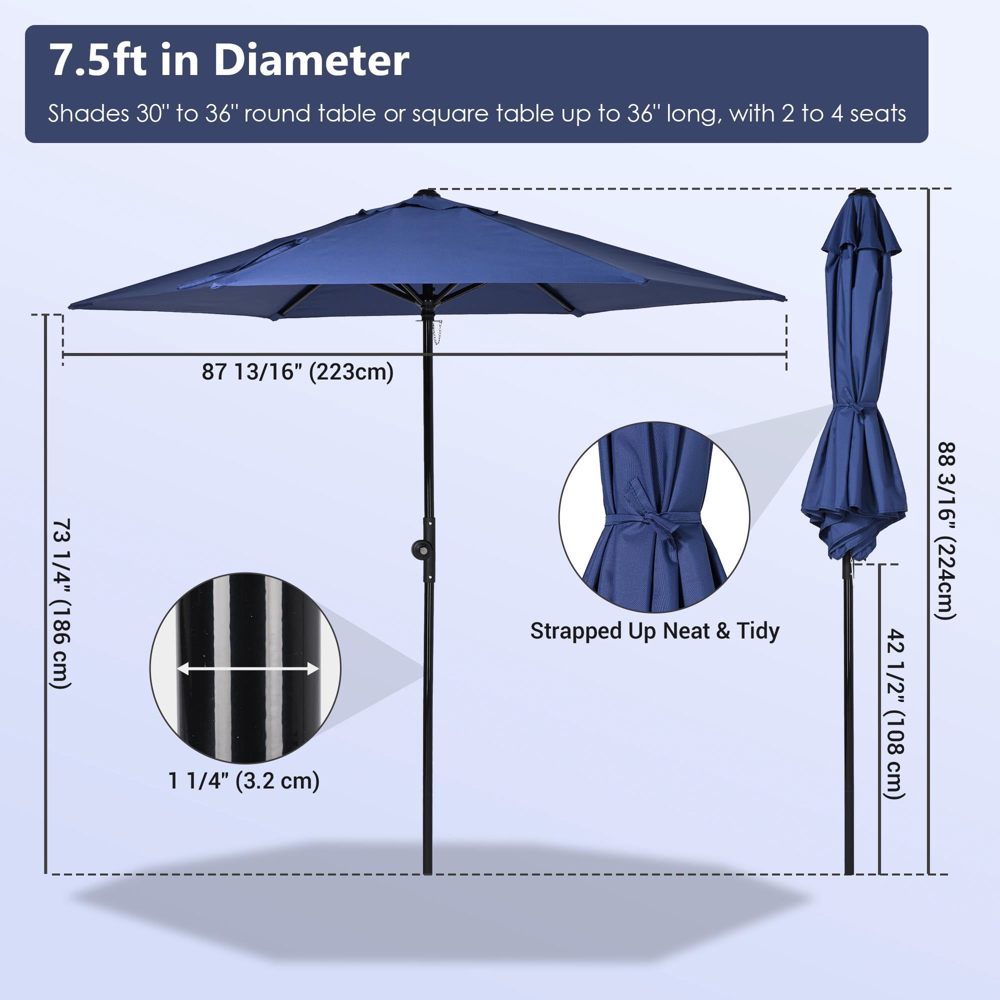 Yescom 7.5 Ft Outdoor Patio Umbrella 6 Ribs with Scale Tilt Button Strap UV30+ Sunshade Garden Parasol for Yard Deck Market Pool Navy Blue