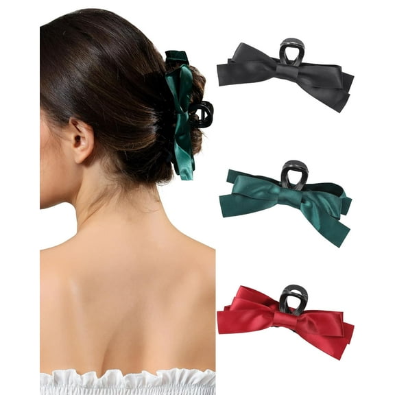 3 Pcs Bow Claw Clip Bow Clips for Women Satin Hair Bow Clips Nonslip Claw Clips for Thick Thin Hair Claws Clamps Barrettes (Black White Pink)