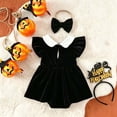 thumbnail image 5 of Vdoaml Baby Girls 2pc Halloween Outfits Infant Flutter Sleeve Dress Romper Bow Headband Set Fall Ghost Print Bodysuit 0-3 Months Black, 5 of 5