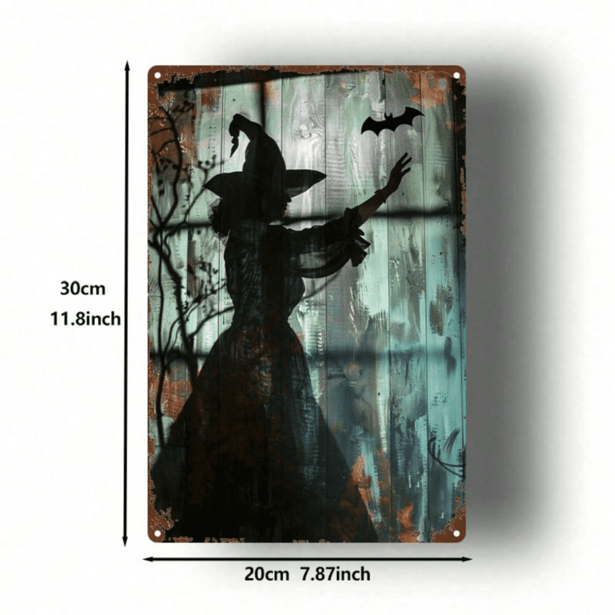 Halloween Witch And Bat Silhouette Metal Sign, 8x12 Inch 2D Flat Durable Vintage Metal Plaque, Halloween Themed Wall Decor