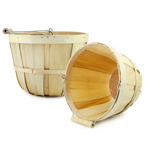 Cornucopia Brands Round Wooden Baskets (2-Pack, Natural); Wood Fruit Buckets w/ Handle, 4-Quart Capacity; 6.1 Inch Tall by 8 Inch Diameter