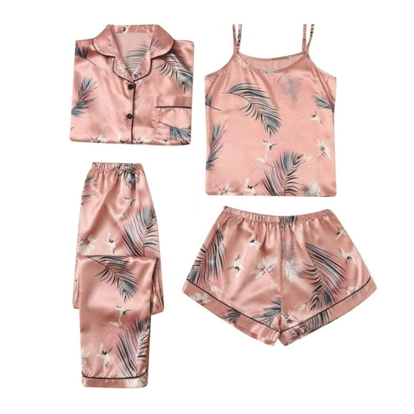 Wijhcboe 2025 Women's Home Suit Flamingo Fleece Pajamas for Women Print Fashion Slim Pajamas Sleeveless Womens Pajamas Four Piece Set For Comfortable Pajamas All Seasons Pajama Suits for Women Pajama