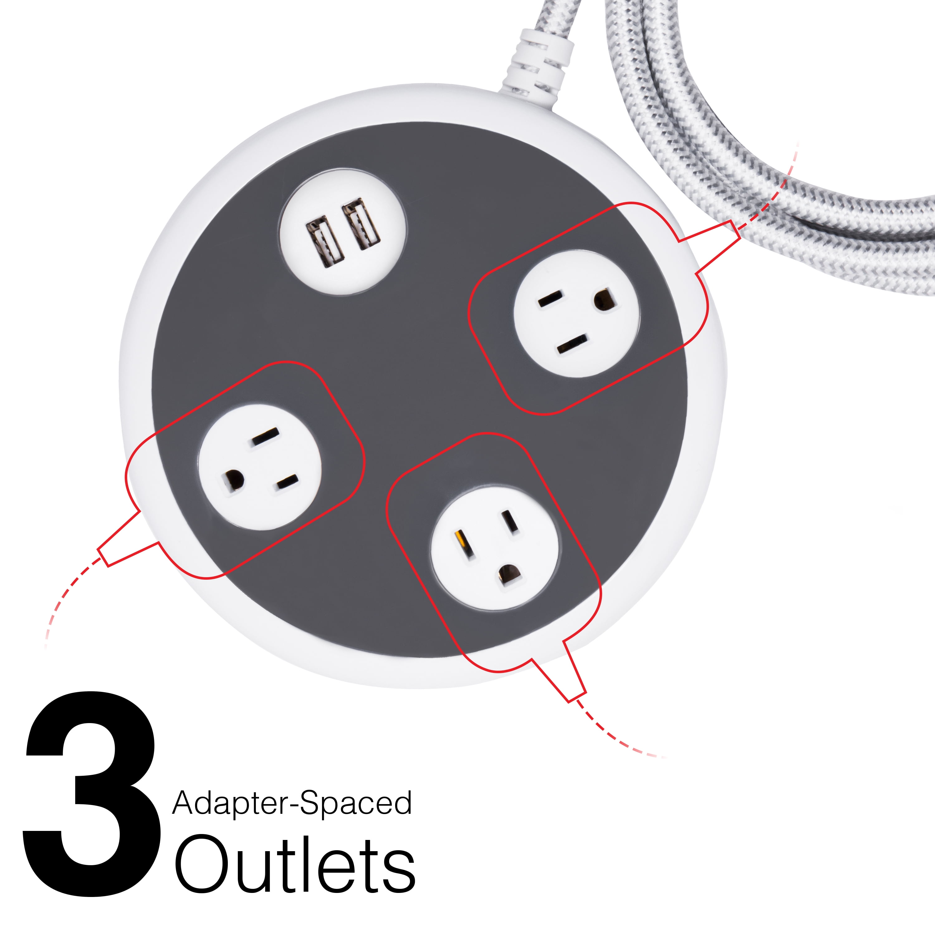 GE 3-Grounded Outlet Surge Orb with USB, 8 ft., Gray - 41386