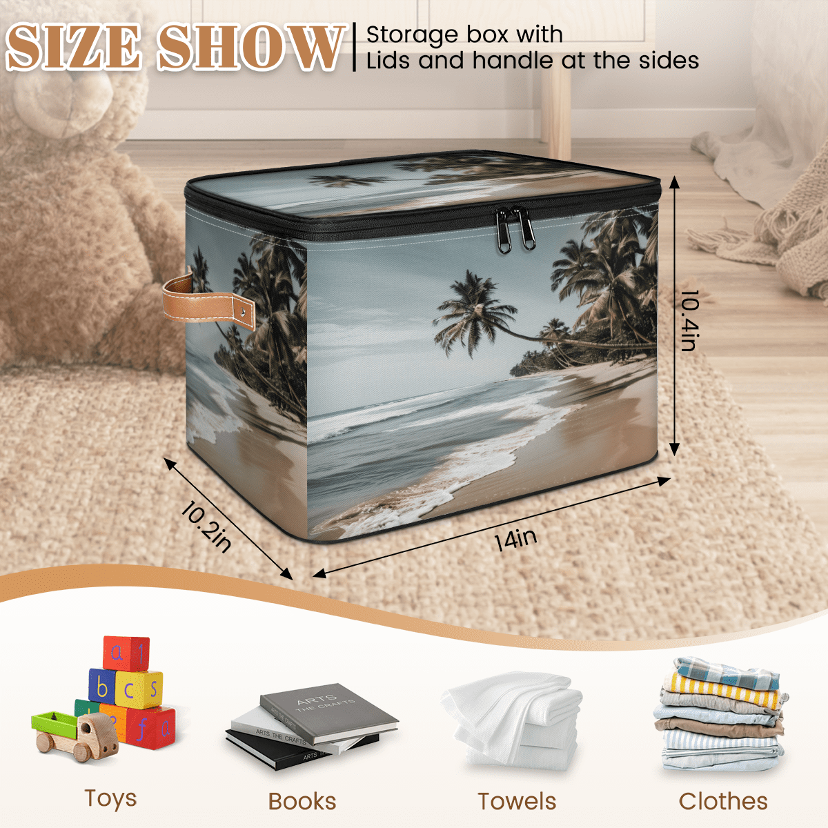 CURLYOOT Beach Fabric Storage Bins with Lids, Hawaiian Palm Trees Foldable Storage Boxes Washable Storage Cube, Closet Bedroom Home Organizer Containers with PU Leather Handles
