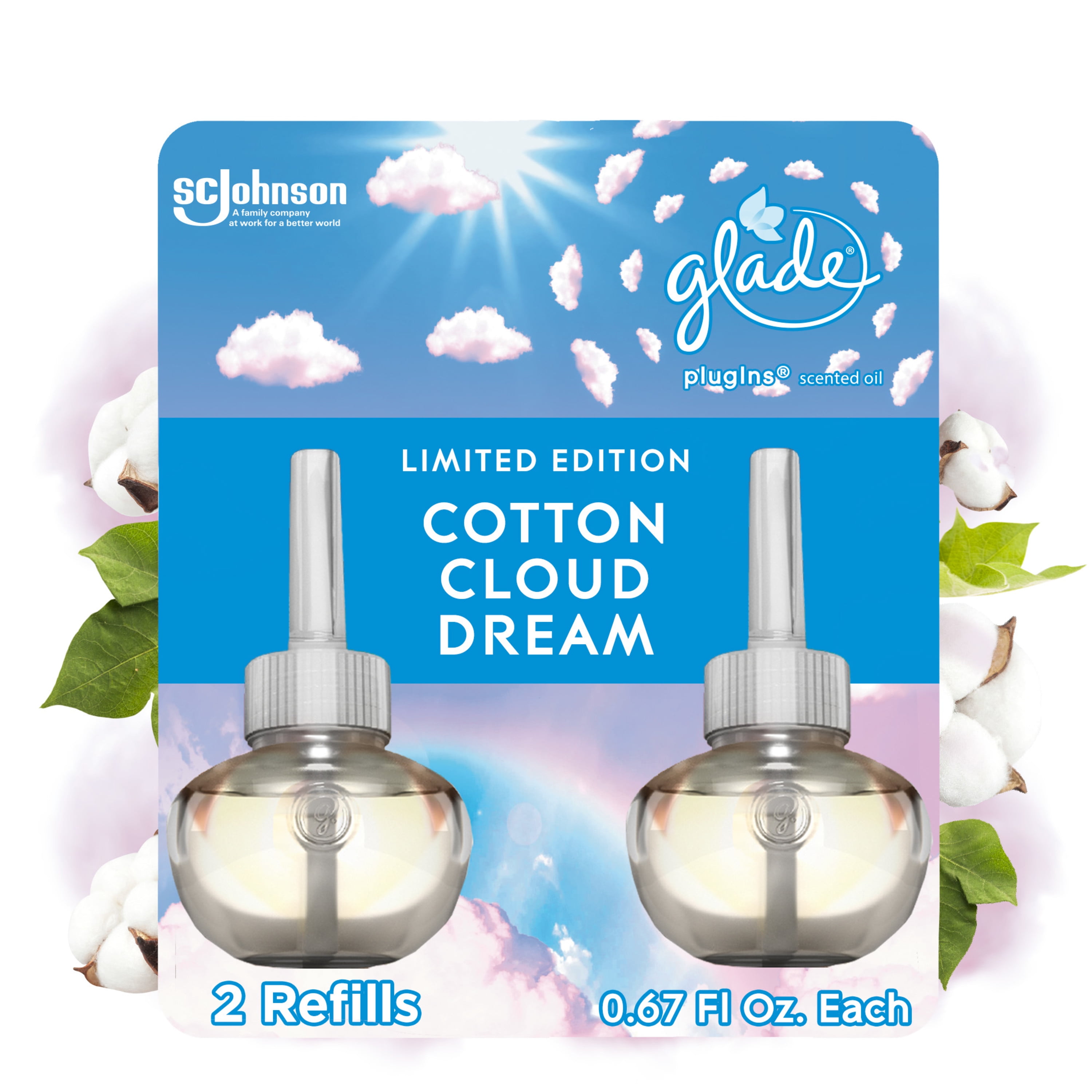 Glade PlugIns Scented Oil Refill, Cotton Cloud Dream Scent, Infused with Essential Oils, Spring Limited Edition Fragrance, Positive Vibes Collection, 0.67 oz, 2 Count.