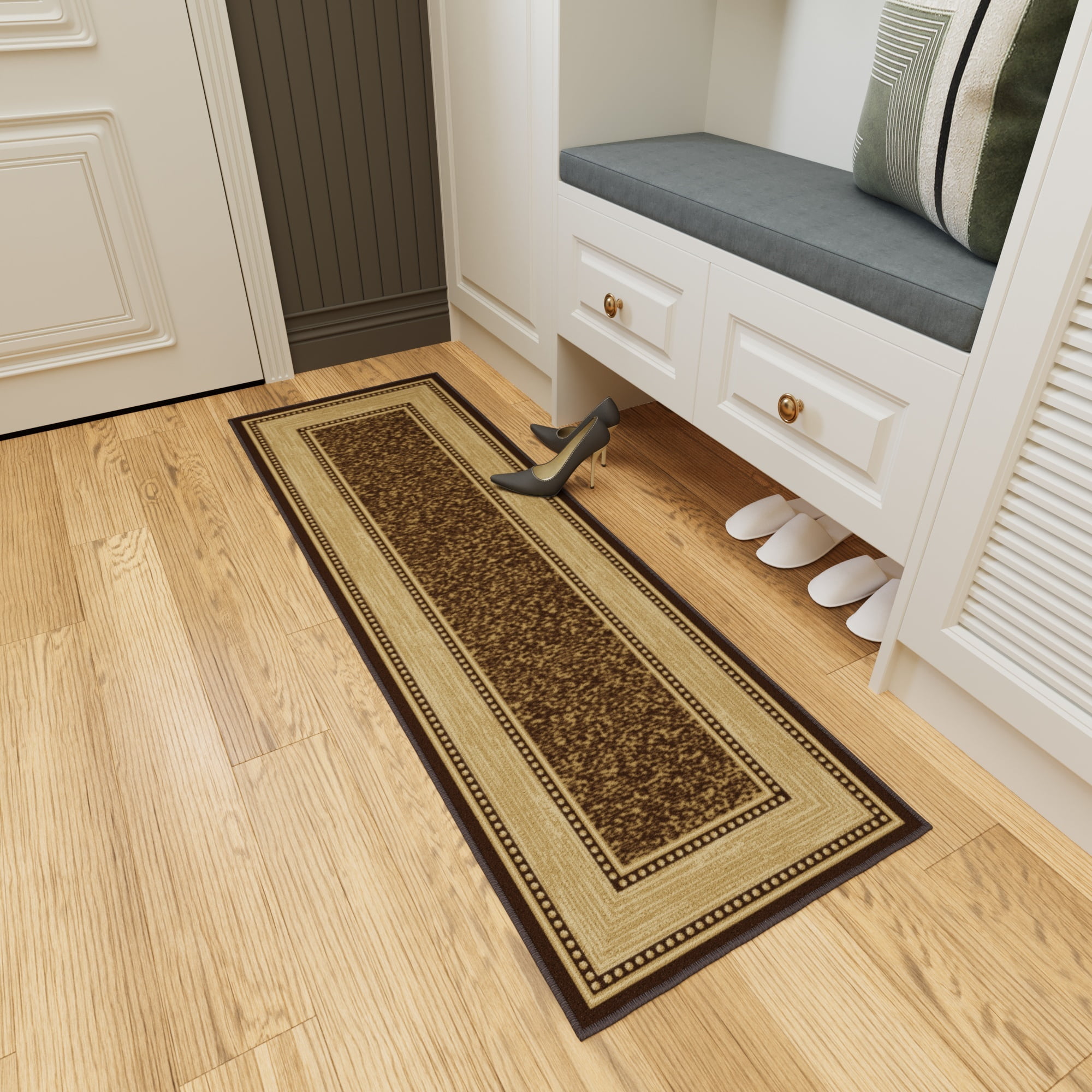 Ottomanson Border Bathroom Runner Rug 20" x 53" - Non Slip Low Pile Carpet, Brown