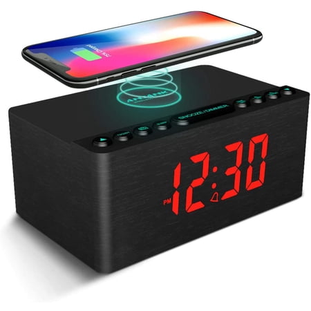 Wooden Digital Alarm Clock FM Radio,Qi Certified Fast Wireless Charger Station for iPhone/Samsung,Dimmable LED Display,USB Charging Port,Sleep Timer,Wood Modern Clock for Bedroom Bedside(Black)