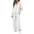 thumbnail image 4 of Women 2 Piece Outfit Set Solid Color Zip up Collared Long Sleeve Top Elastic Waist Wide Leg Pants Loose Casual Tracksuit Loungewear Set with Pockets White, 4 of 8