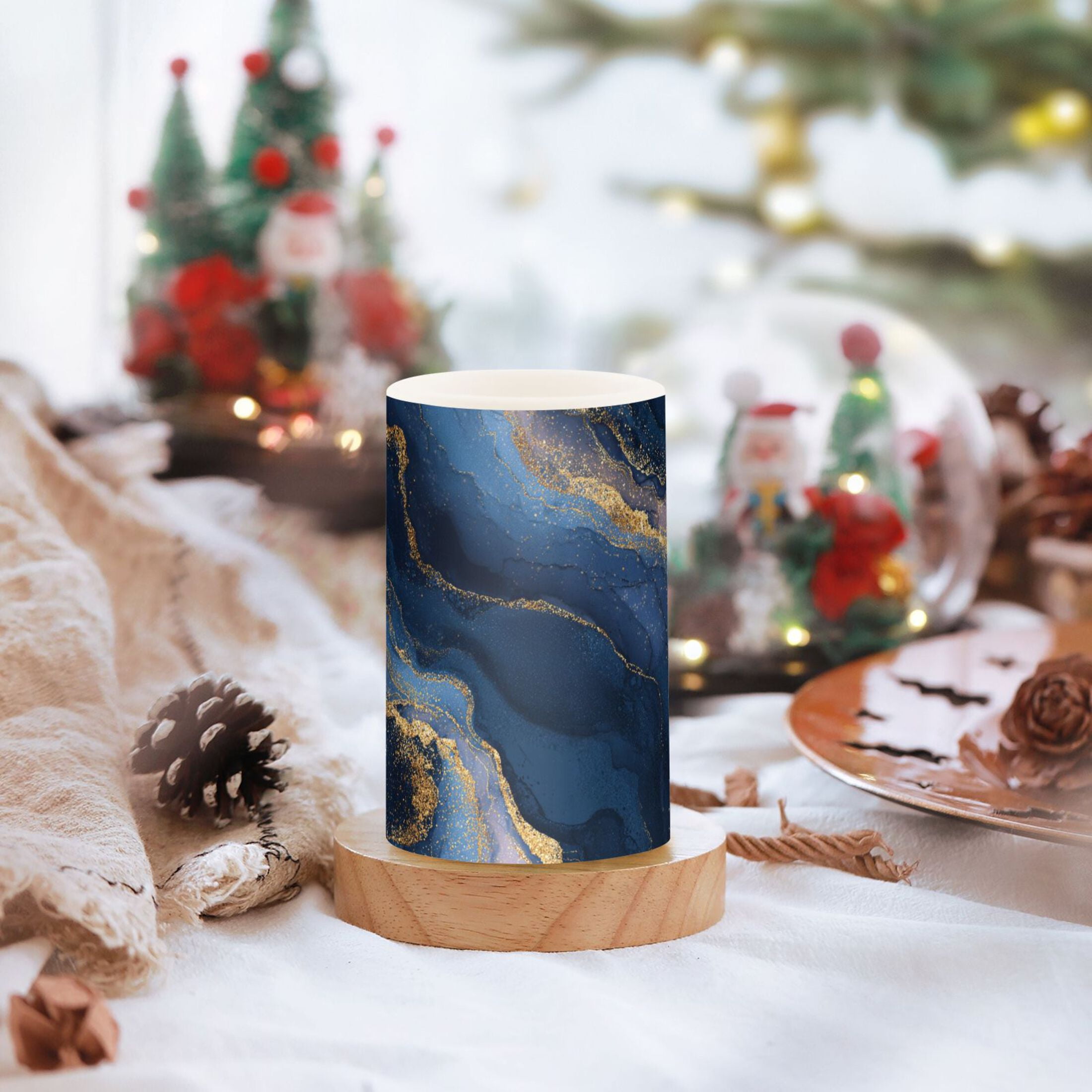 Blue and Gold Art Flickering Flameless Candles Battery Operated with Remote Timer LED Pillar Candles Set of 2