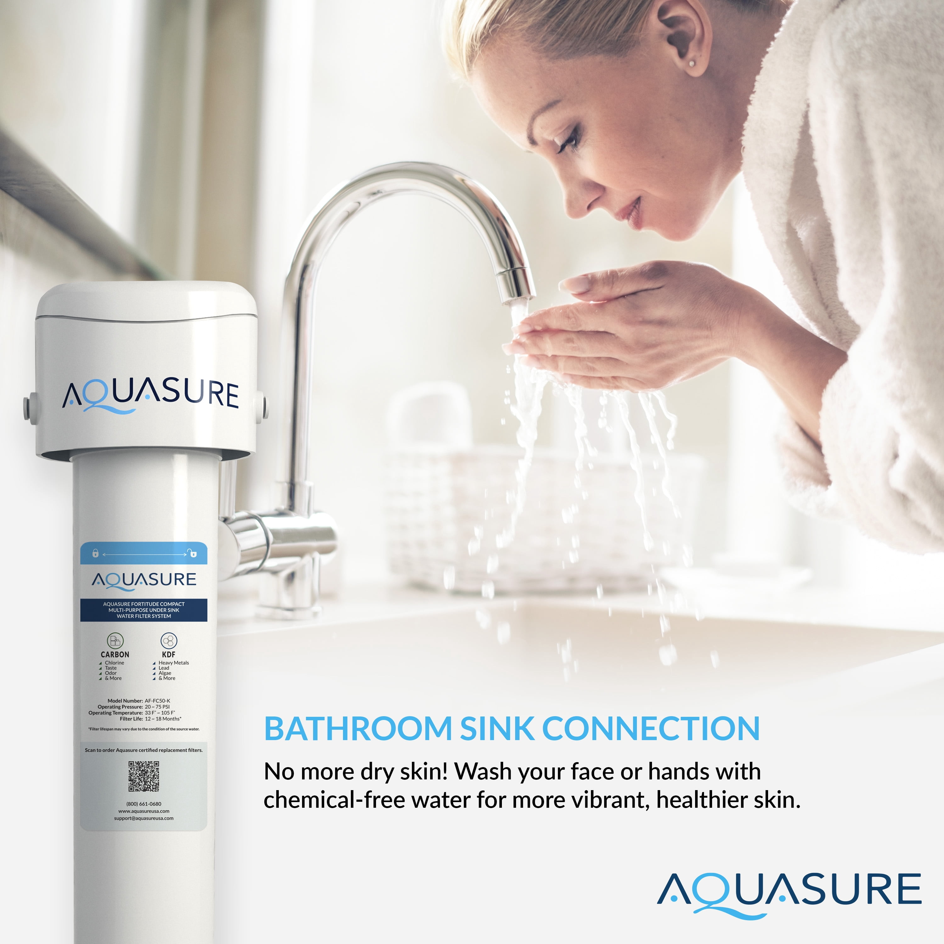 Aquasure Fortitude Compact 10K Gallons Under Sink Multi-Purpose Water Filtration System with Carbon/KDF Filters (AS-FC50-CK)