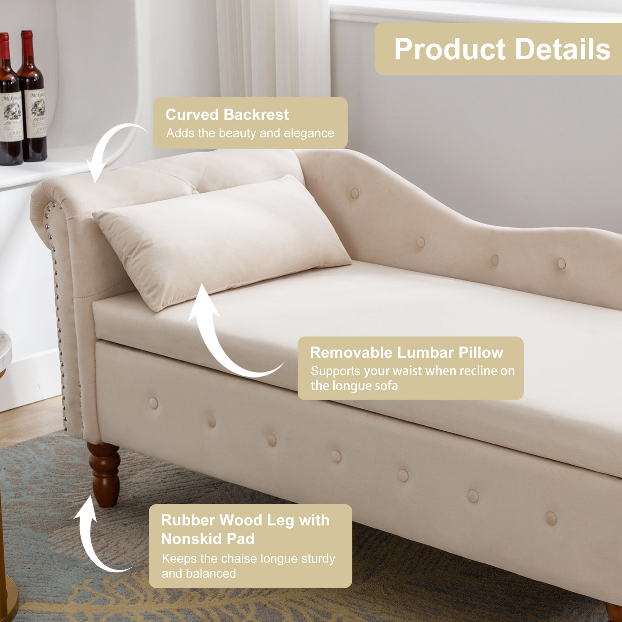 Aukfa Storage Chaise Lounge Chair Indoor Recliner Lounge Chair for Living Room Bedroom,Pillow - Beige