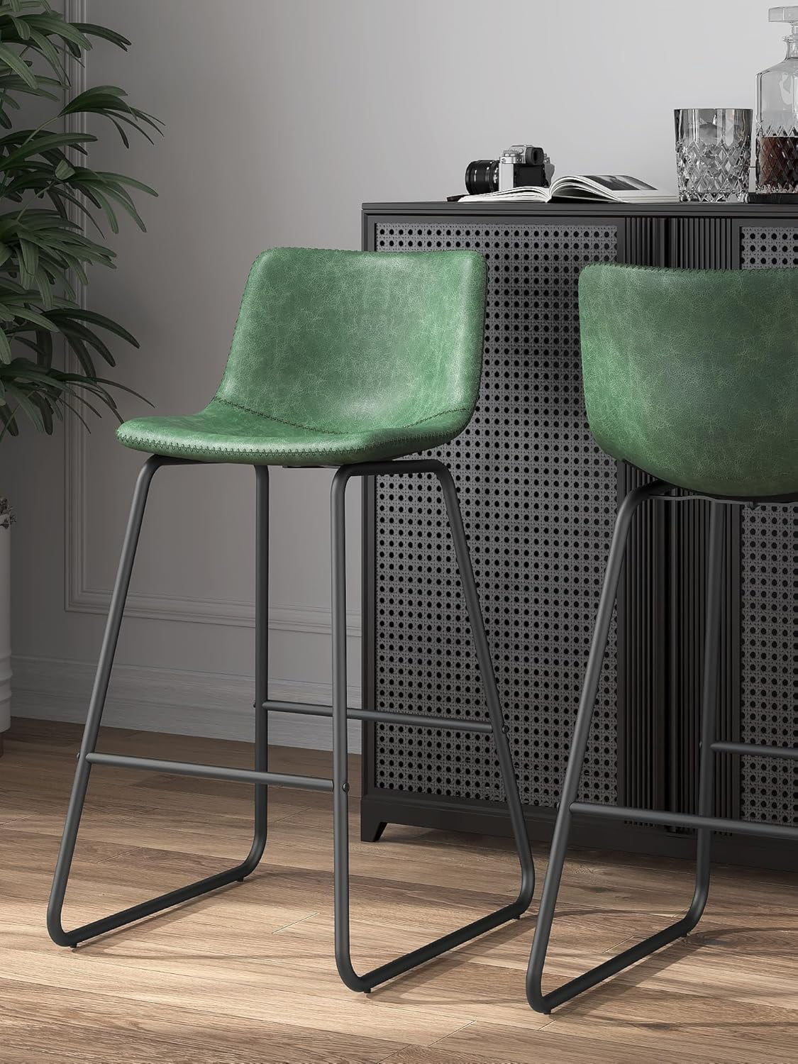 LainTene 26" Bar Stools Set of 2 – Faux Leather Counter Height Stools with Backrest & Footrest, Heavy-Duty Metal Frame for Kitchen, Bar, Living Room, Green
