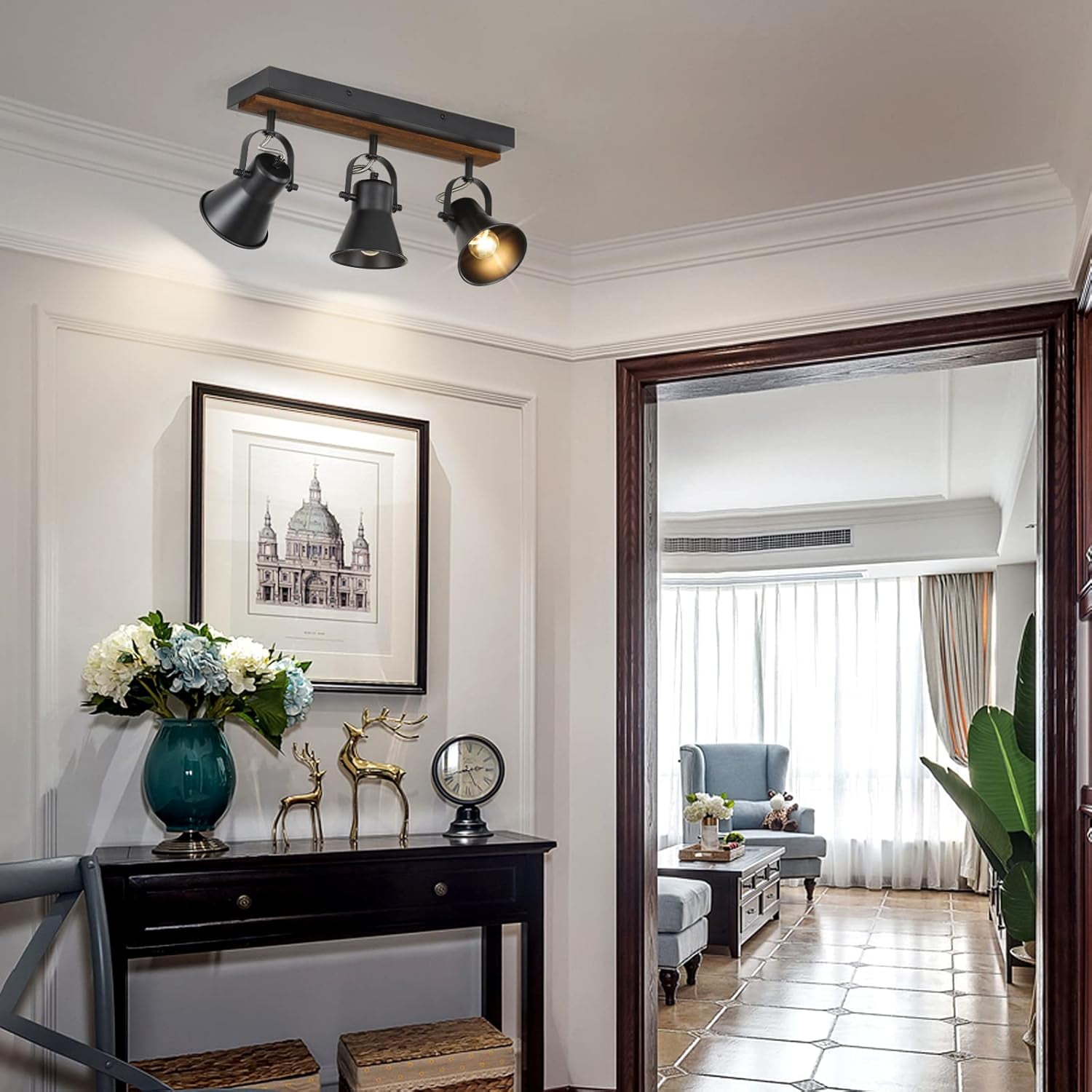 KEESFU 3-Light Industrial Track Lighting Fixture, Black Round Head Ceiling Spot Light with Wood Accent, Adjustable Wall Light for Kitchen Living Room