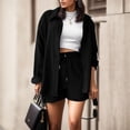 thumbnail image 2 of GILIGEGE Linen Sets for Women 2 Piece Summer Women's Solid Spring Wrinkle Collar Long Sleeve Shirt High Waist Shorts Large Fashion Casual Set Summer Beach Vacation Outfits Lounge Tracksuits Black L, 2 of 4