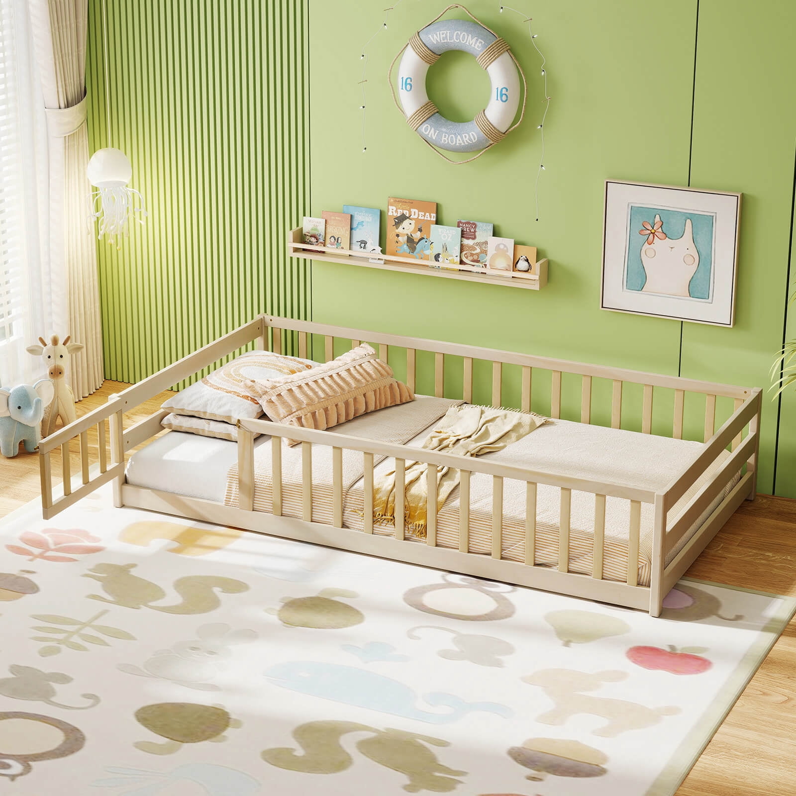 Costway Twin Size Floor Bed with Door & Fence with Safety Guardrails & Slats Support Beige