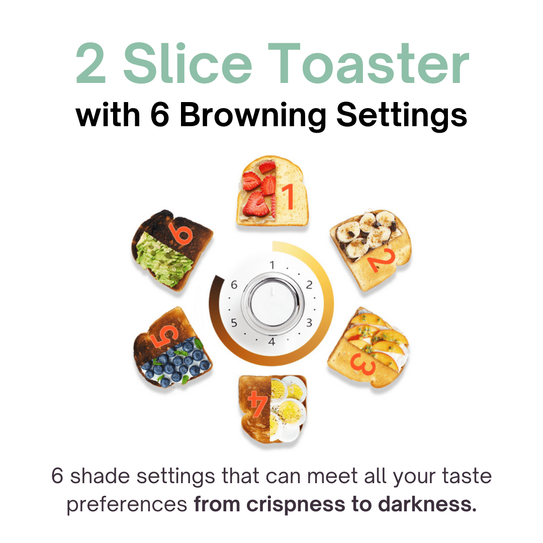 Stainless Steel 2 Slice Toaster with 6 Bread Shade Settings