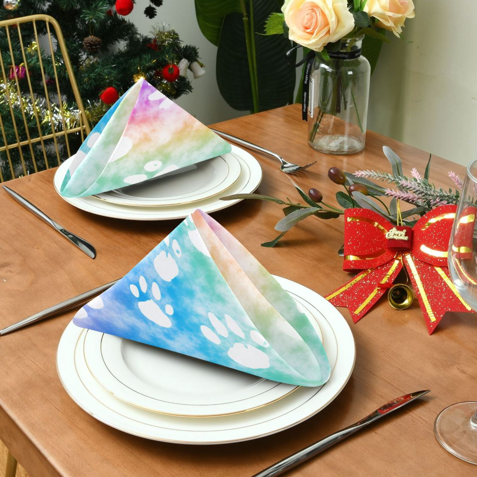 JSTEL Dog Paw Prints Rainbow Tie Dye Cloth Napkins Set of 6, 20x20 Inch Washable and Reusable Napkin for Decoupage Dinner Party Everyday Use
