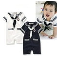 thumbnail image 3 of StylesILove Baby Boys Marine Sailor Short Sleeve Cotton Romper Onesie with Necktie 2pcs Holiday Outfit (White, 12 Months), 3 of 3
