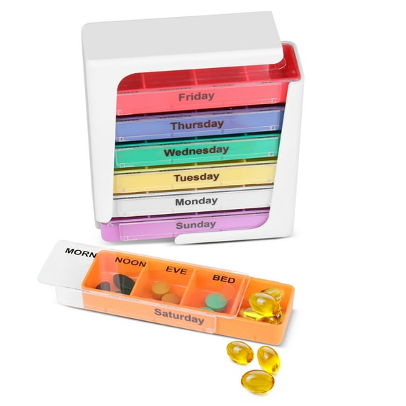 AM PM Stackable Weekly Pill Box Organizer, Pill Dispensers Reminders, 28 Compartment Slots Travel Medication Storage Case with Morning Noon Evening Night 4 Compartments, Color Coded
