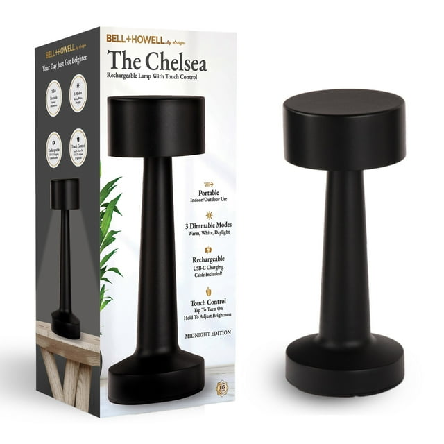 Bell + Howell Chelsea Petite Lampe de Table Sans Fil Tactile à DEL Rechargeable pour Table de Chevet Bureau Table de Nuit Noir Minuit
