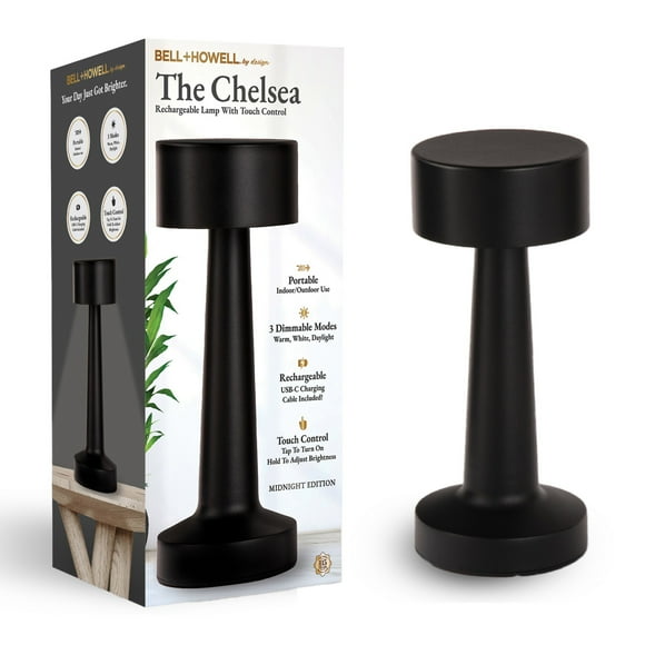 Bell + Howell Chelsea Table Lamp Small Cordless Touch LED Rechargeable Lamp for Bedside Desk Nightstand Midnight Black