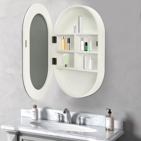 50.2x78.3cm Oval Bathroom Mirror Cabinet White Wall Mounted Storage Modern