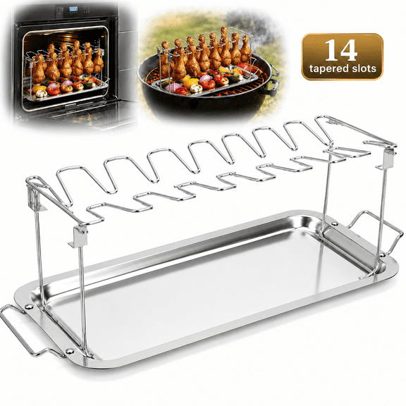 Emlimny Chicken Leg Wing Rack 14 Slots Stainless Steel Metal Roaster Stand with Drip Tray for Smoker Grill or Oven, Dishwasher Safe, Non-Stick, Great for BBQ, Picnic