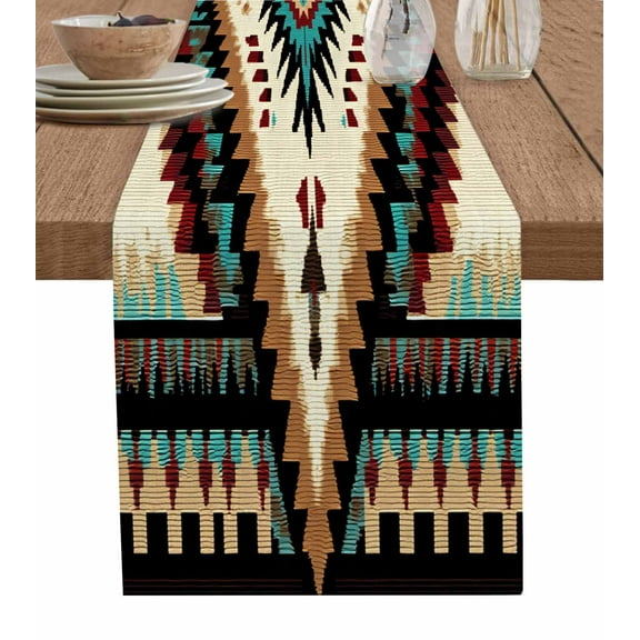 Ldtrchee Brown Teal Red Boho Table Runner 108 Inches, Southwestern Geometric Art Vintage Bed Runner Dresser Scarves Tabletop for Indoor Outdoor Parties/Ceremony/Banquet, 13"x 108"