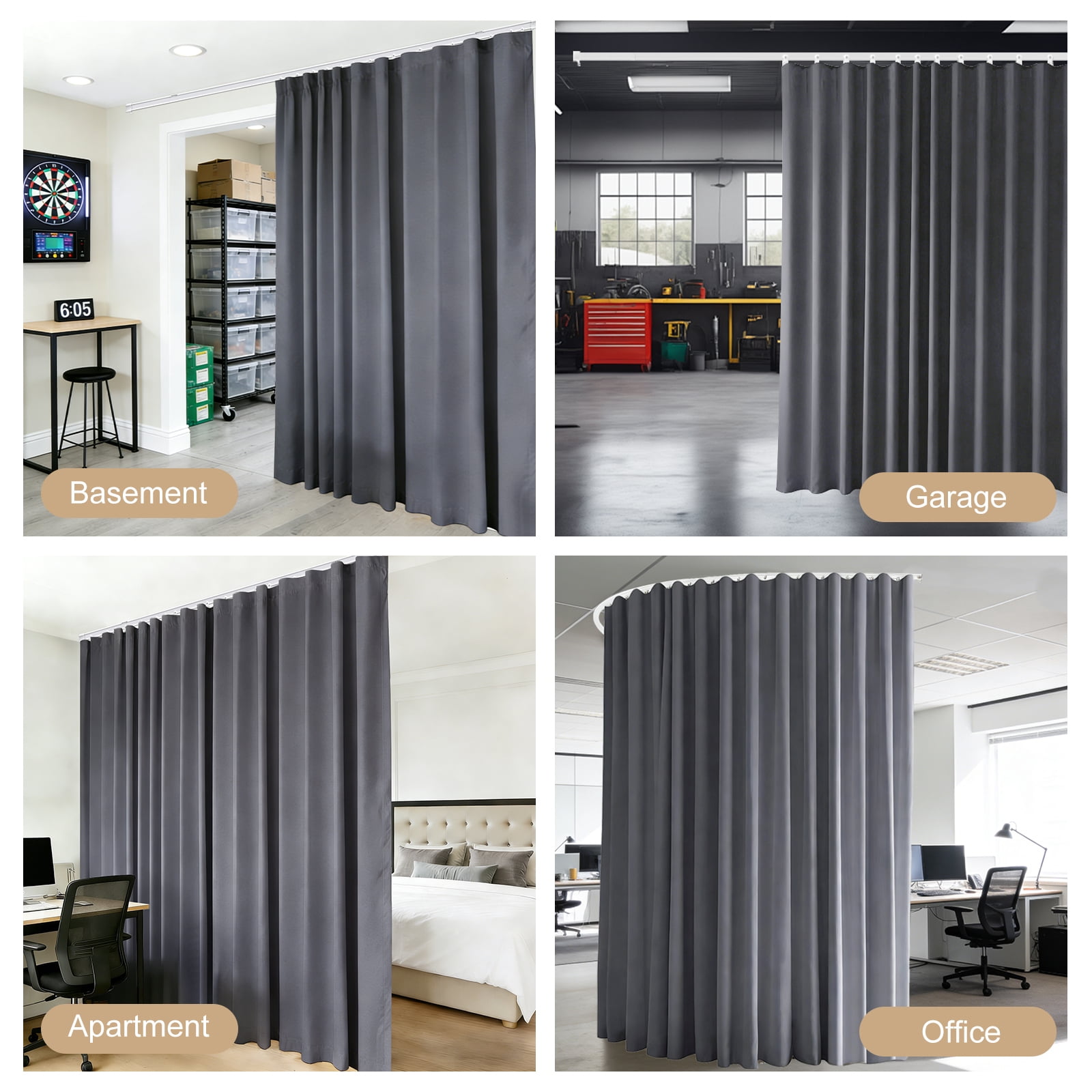 MaKefeile Blackout Curtain Divider with Ceiling Curtain Track for Room Partition,1 Panel Gray Privacy Divider Curtain and White Flexible Track Set