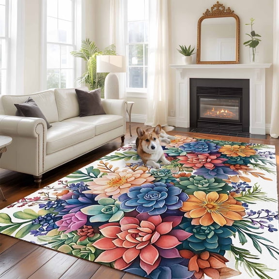 6'x9' Area Rugs, Colorful Summer Succulents Indoor Outdoor Area Rug for Living Room Bedroom, Spring Floral Watercolor Washable Bathroom Rugs Kitchen Floor Carpet Mats Home Decor Aesthetic