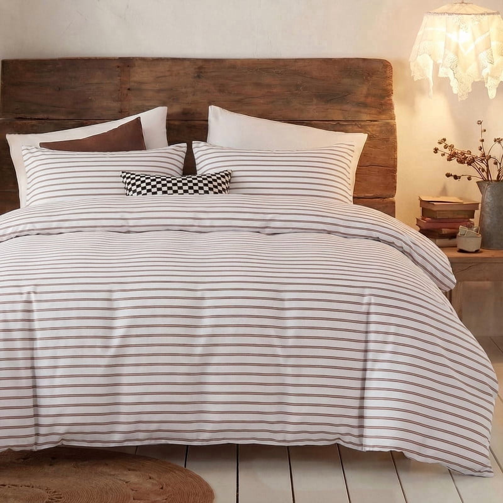 Khaki Striped Duvet Cover Set King Size,100% Cotton Bedding Set,Luxury Sateen Weave Silky Smooth Breathable Bedding Comforter Cover 3 Pcs with Zipper Closure and 8 Corner Ties