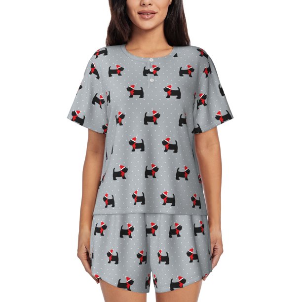 Balery Polka Dot Christmas Dog Conjunto de Pijama para Mujer con Estampado, Dos Piezas de Manga Corta y Shorts, Ropa de Dormir Suave con Cuello Redondo y Bolsillos-4X-Large