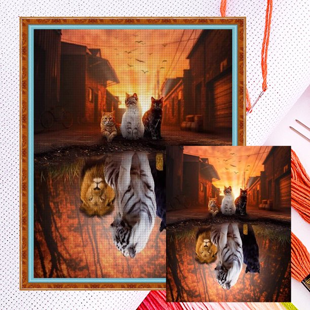 (szx1807) Hilo algodón ecológico bordado 11CT 3 hebras tela blanca 40*50cm reflexión-Kit serie punto cruz tres gatos