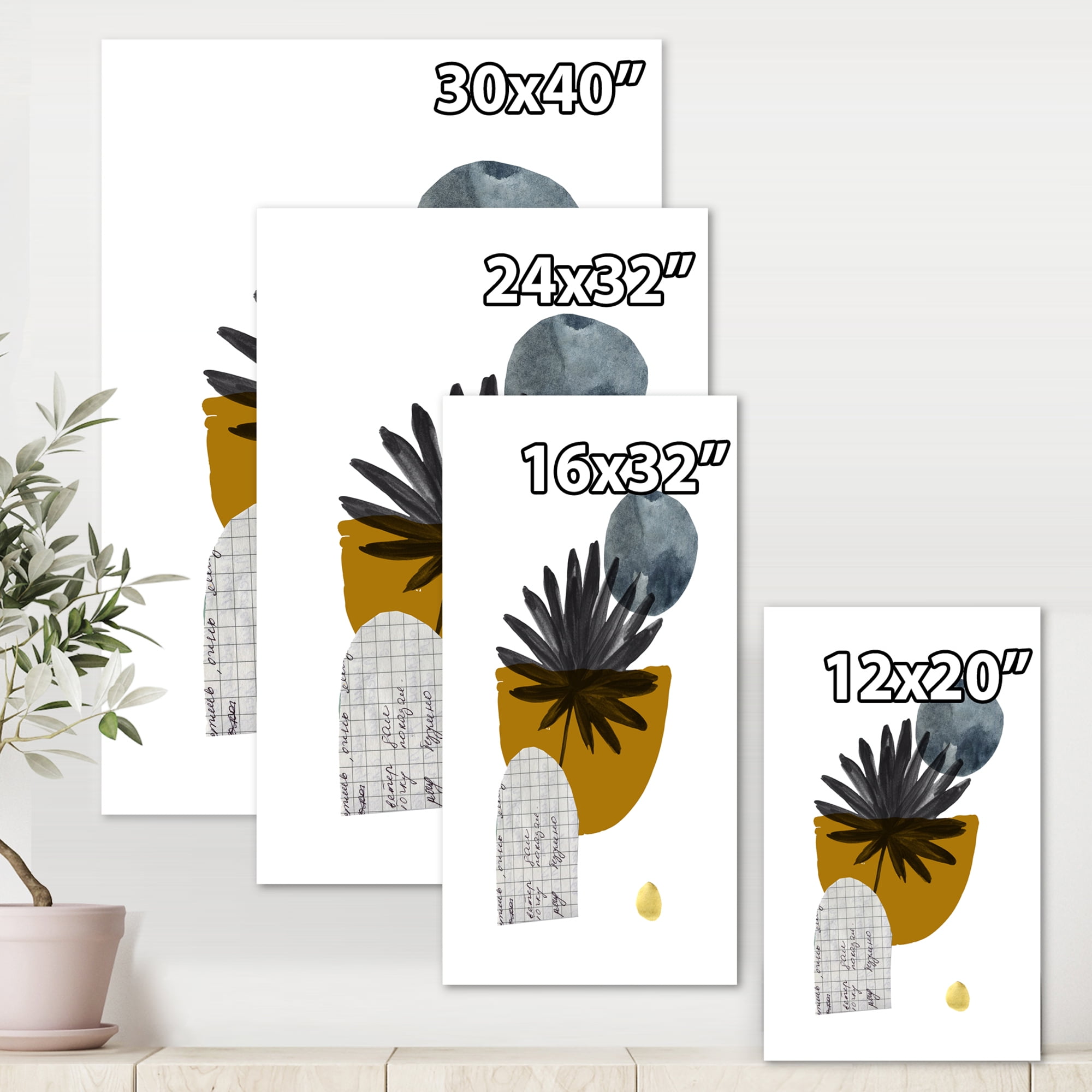 Abstract Geometry Shapes and Tropical Palm Leaf I 16 in x 32 in Painting Canvas Art Print, by Designart