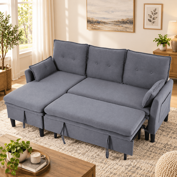 78.4" L-Shaped Sleeper Sectional Sofa with Pull-Out Bed, Storage Chaise and 2 Pillows, Reversible Chaise,3-Seat Convertible Couch for Small Spaces