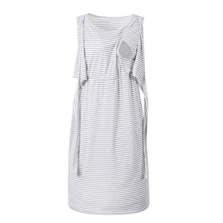 

Rewenti Pregnant Women Clothes Sleeveless Maternity Breastfeeding Casual Striped Dress Gray S(S)