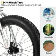 Hiland Fat Tire Bike, Shimano 7-Speed, Dual-Disc Brakes, 24 inch Trail Mountain Bike, Silver