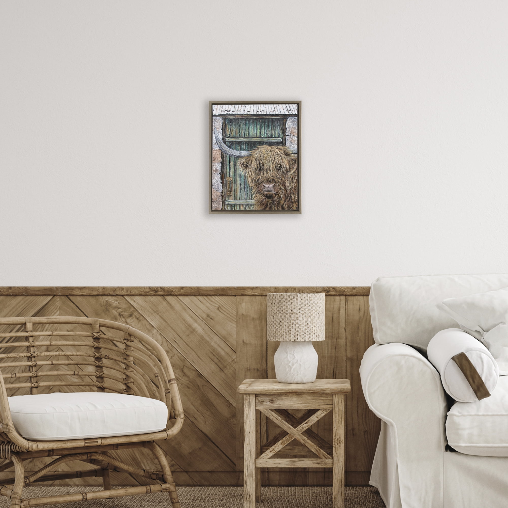 Highland Cow by Barn Door Brown Framed Floater Canvas Wall Art, design by Jean Plout